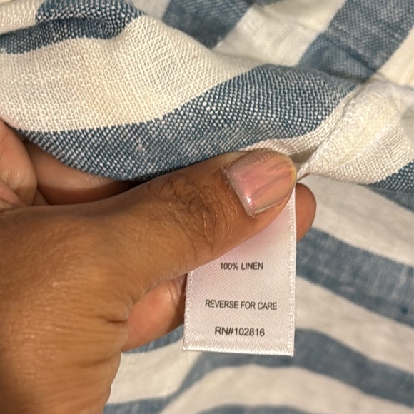Garnet Hill Seamed Linen Popover Dress Striped White Blue Short Sleeve - Picture 7 of 7